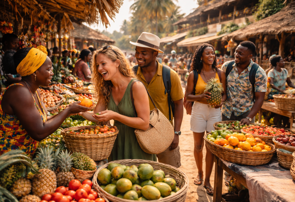 Tourists exploring a vibrant local market while interacting with residents, illustrating the economic and cultural impact of tourism geography