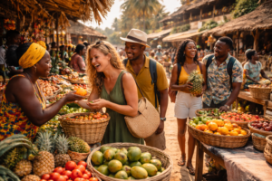 Tourists exploring a vibrant local market while interacting with residents, illustrating the economic and cultural impact of tourism geography