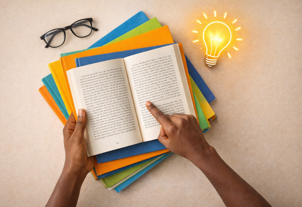 Stack of life-changing books including Thinking Fast and Slow, Atomic Habits, and Rich Dad Poor Dad representing mindset growth and personal development