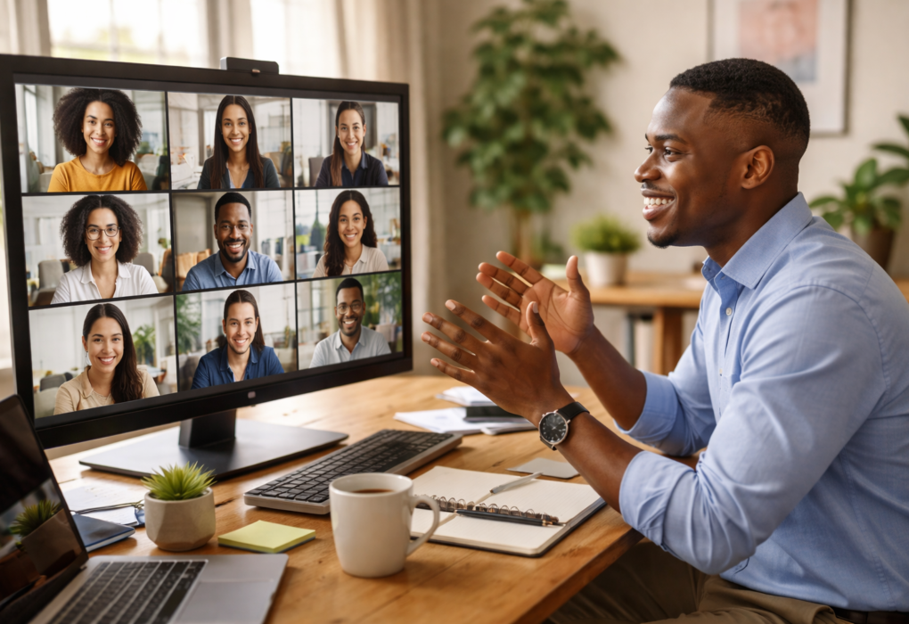 Modern business leader communicating with a diverse remote team on a video call, demonstrating emotional intelligence, collaboration, and human-centered leadership skills in a digital workplace