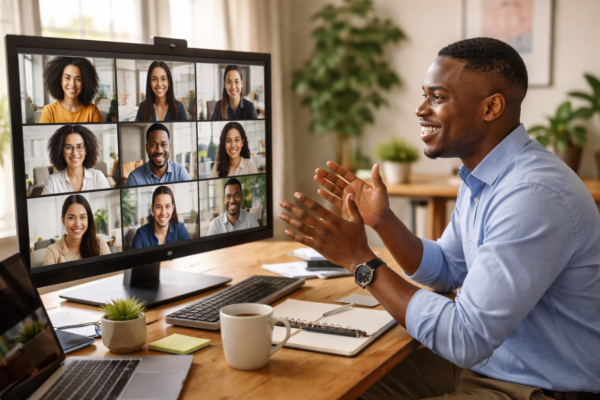 Modern business leader communicating with a diverse remote team on a video call, demonstrating emotional intelligence, collaboration, and human-centered leadership skills in a digital workplace
