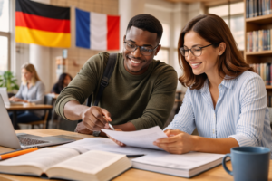 Two international researchers collaborating on a DAAD Procope scholarship project between Germany and France, reviewing research documents in a university setting