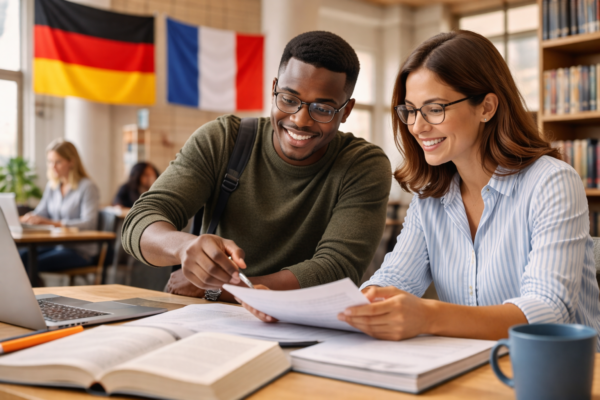 Two international researchers collaborating on a DAAD Procope scholarship project between Germany and France, reviewing research documents in a university setting
