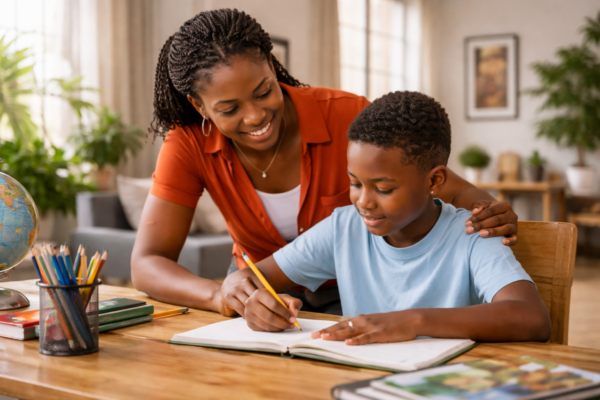 Parent encouraging a child to study independently at a desk, showing self-motivation and focus in a positive home environment