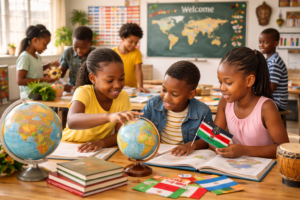 Diverse group of African students in a modern classroom engaging in multicultural education activities, with books, cultural symbols, and collaborative learning