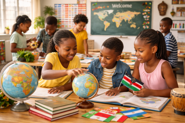 Diverse group of African students in a modern classroom engaging in multicultural education activities, with books, cultural symbols, and collaborative learning