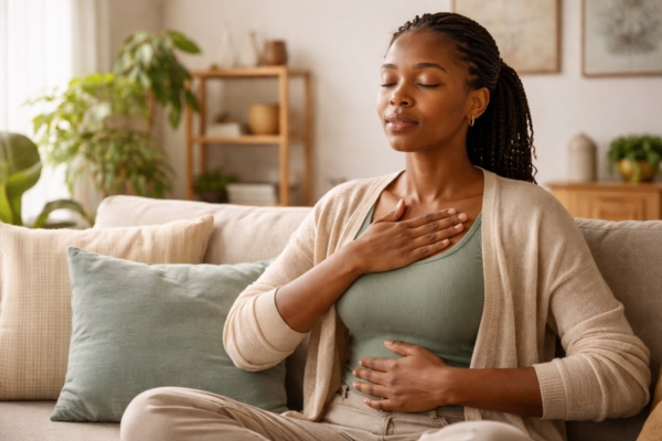 Person practicing slow deep breathing exercise in a calm indoor setting to support healthy blood pressure and reduce stress