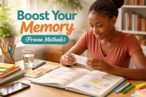 Student using active recall and spaced repetition techniques to improve memory with notes and flashcards on desk