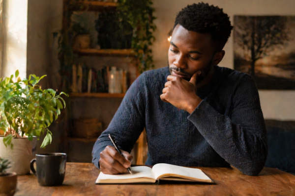 A thoughtful person journaling while reflecting on their thoughts, symbolizing self-awareness, personal growth, and mental clarity