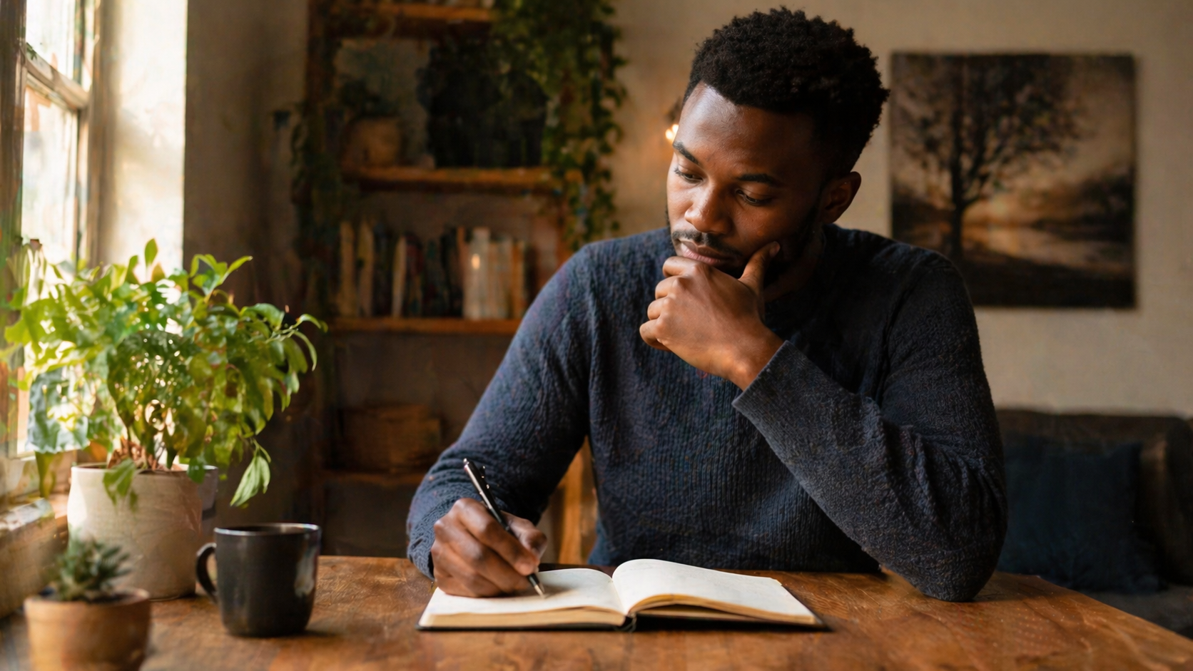 A thoughtful person journaling while reflecting on their thoughts, symbolizing self-awareness, personal growth, and mental clarity
