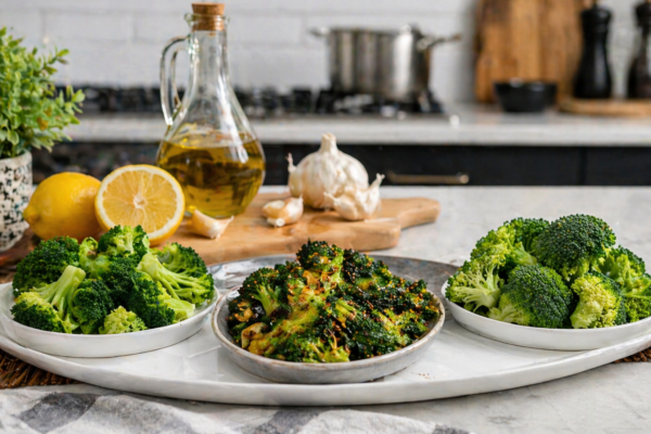 Healthy cooked broccoli prepared by steaming, stir-frying, and raw serving methods on a kitchen plate showing nutritious vegetable cooking techniques