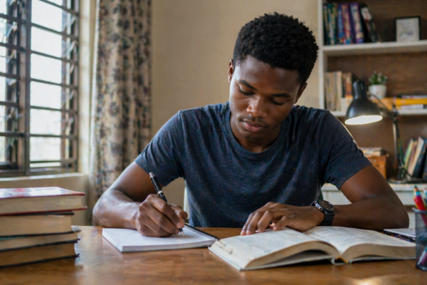Focused student studying calmly at a desk with books and a notebook, representing inner strength, discipline, and mental resilience for academic success