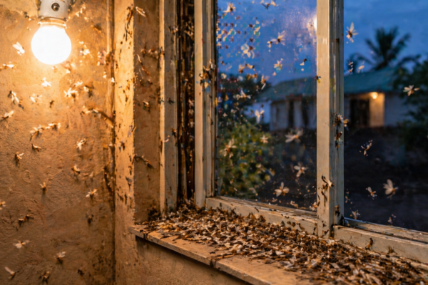 Termite swarm near home window with discarded wings on floor showing early signs of infestation