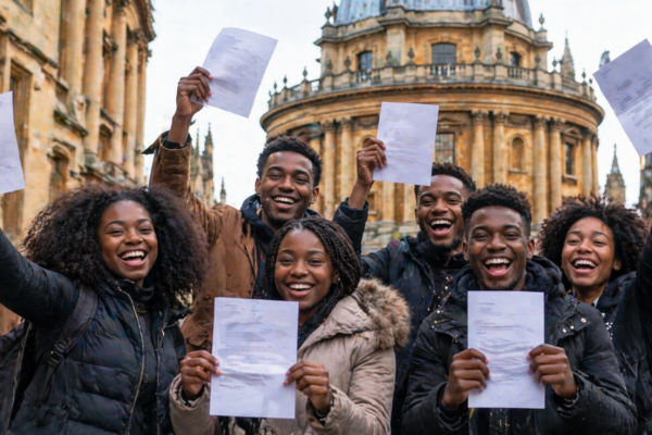 Students celebrating acceptance into the Rhodes Scholarship at the University of Oxford, representing global academic excellence and leadership