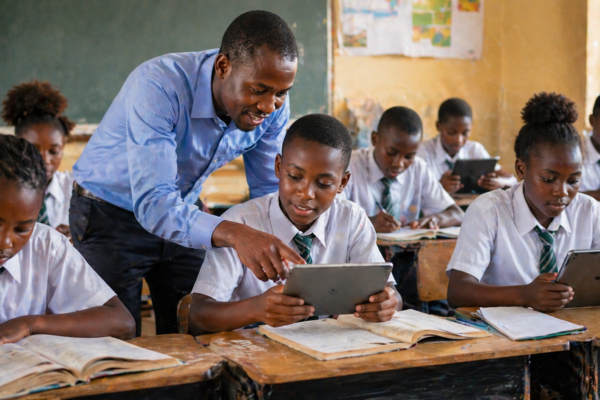 African classroom with students and teacher demonstrating education reform, digital learning, and improved school access in Africa