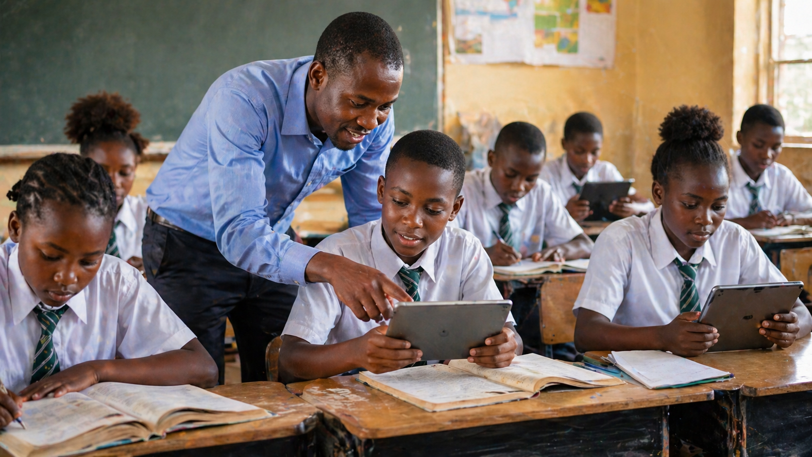 African classroom with students and teacher demonstrating education reform, digital learning, and improved school access in Africa