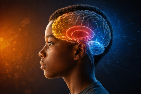 Illustration of a teenage brain showing the limbic system and prefrontal cortex, highlighting the balance between emotion and logical decision-making during adolescence