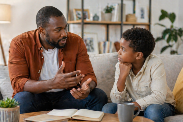 Parent teaching child essential life skills like communication, problem-solving, and emotional intelligence in a modern home setting