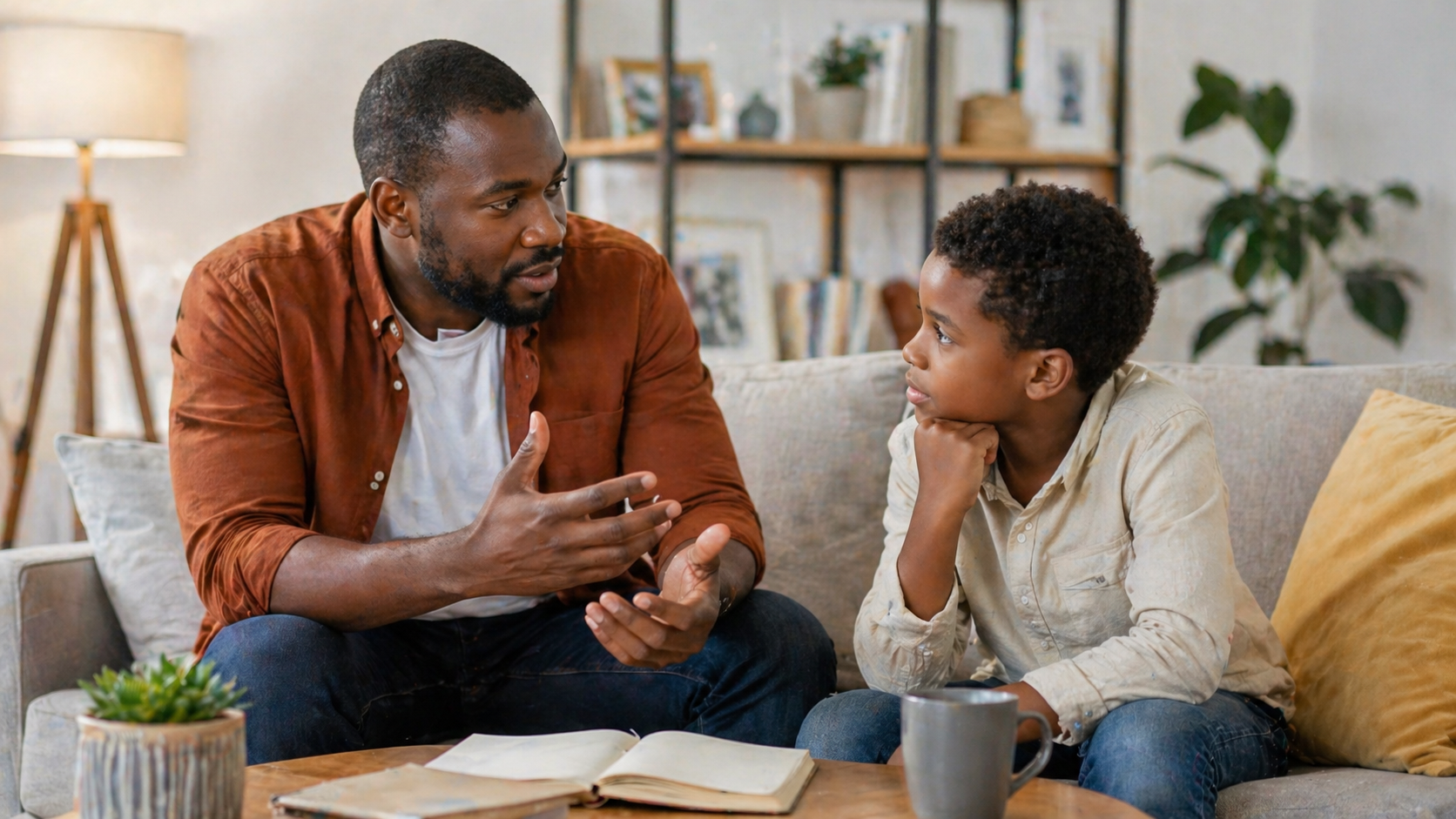 Parent teaching child essential life skills like communication, problem-solving, and emotional intelligence in a modern home setting
