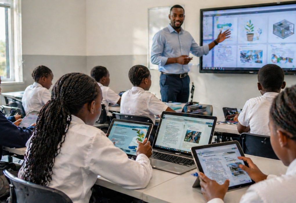 Students in a modern African classroom using tablets and laptops for e-learning while a teacher guides them with a digital screen