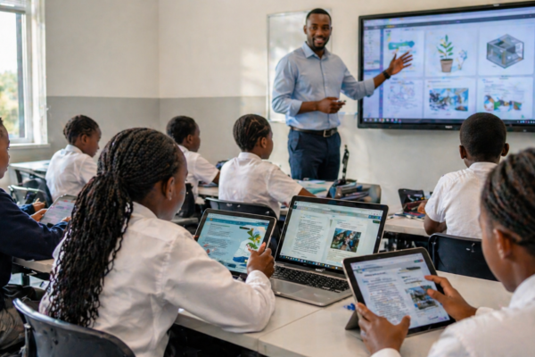 Students in a modern African classroom using tablets and laptops for e-learning while a teacher guides them with a digital screen