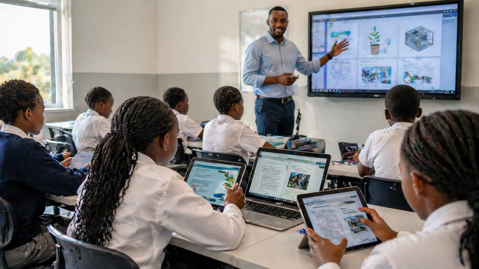 Students in a modern African classroom using tablets and laptops for e-learning while a teacher guides them with a digital screen
