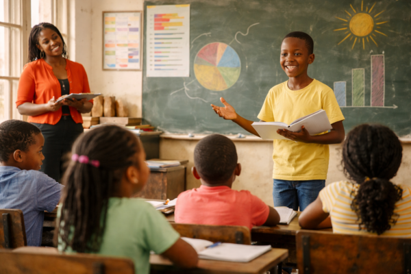 Student confidently giving a classroom presentation while classmates listen attentively and teacher supports public speaking skills