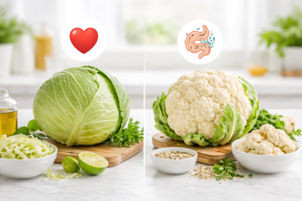 Cabbage vs cauliflower comparison showing fresh vegetables for heart health and digestive benefits