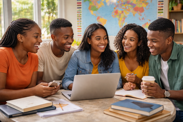 Youth ambassadors collaborating on global literacy program with laptops and notebooks in a diverse team setting
