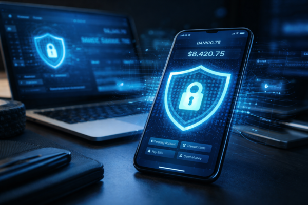 Fintech cybersecurity concept showing secure mobile banking app with digital lock protecting customer financial data