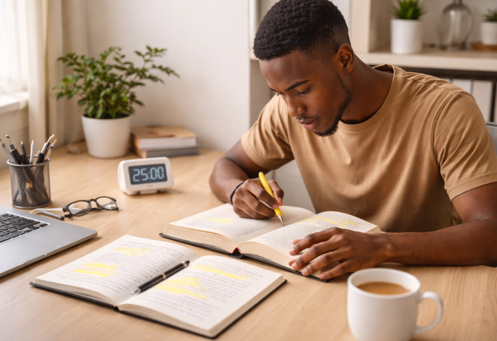Person reading a book with notes and timer showing techniques to read faster and improve retention