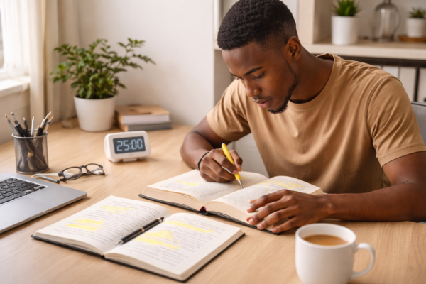 Person reading a book with notes and timer showing techniques to read faster and improve retention