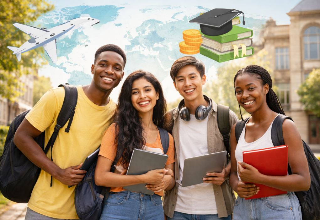 Students celebrating fully funded scholarships abroad with graduation caps, global map and university icons representing international education opportunities