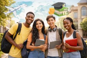 Students celebrating fully funded scholarships abroad with graduation caps, global map and university icons representing international education opportunities