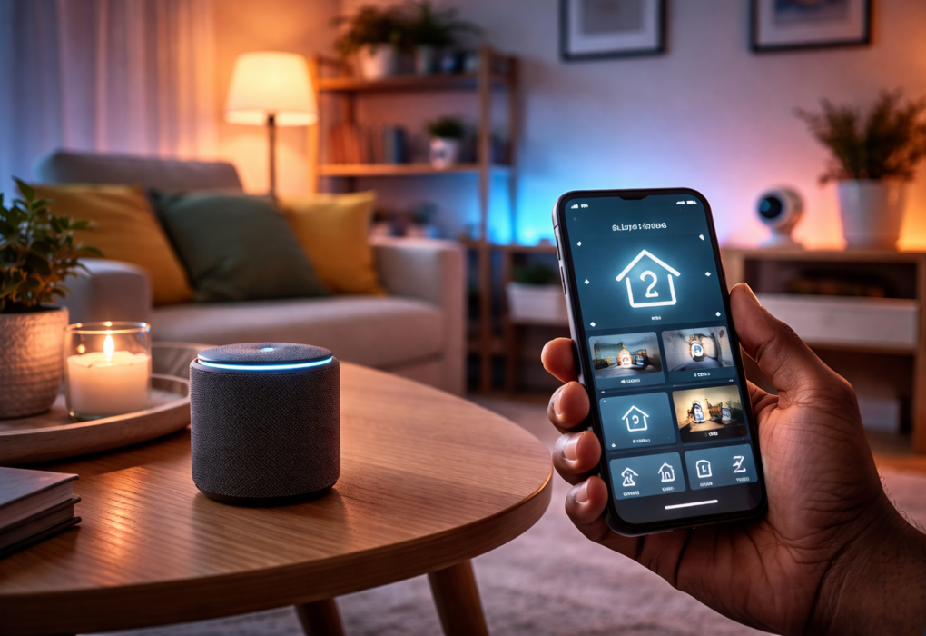 Smart home setup showing voice assistant, smart lighting, security camera, and connected devices in a modern living room
