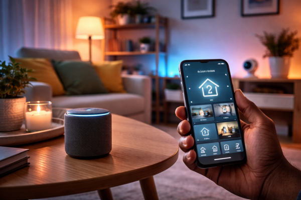 Smart home setup showing voice assistant, smart lighting, security camera, and connected devices in a modern living room