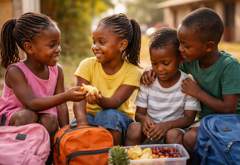 Young children sharing food and comforting each other, illustrating natural kindness and compassion in everyday life