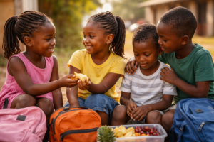 Young children sharing food and comforting each other, illustrating natural kindness and compassion in everyday life