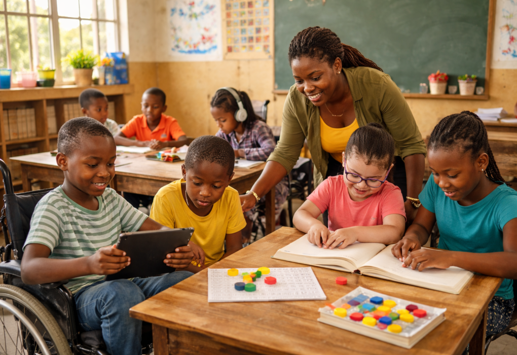 Diverse classroom with students of different abilities learning together with teacher support, illustrating inclusive education vs special education