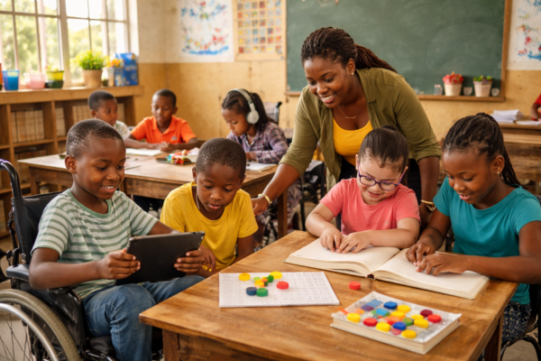 Diverse classroom with students of different abilities learning together with teacher support, illustrating inclusive education vs special education