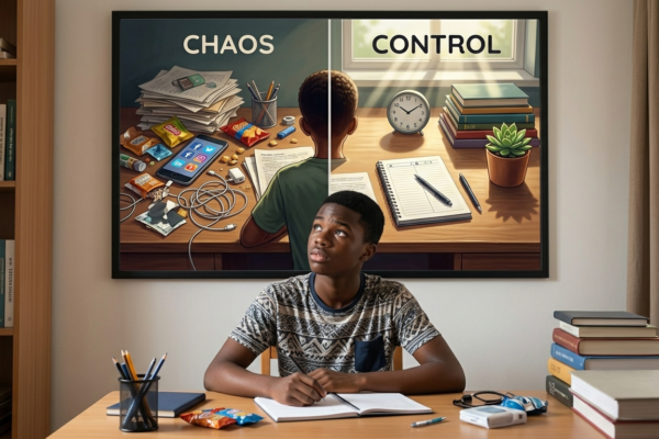 Person building discipline by focusing at desk while resisting phone distractions and developing self-control habits