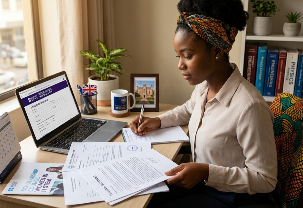 Young African woman studying STEM with laptop, representing fully funded British Council Women in STEM Scholarship opportunity in the UK