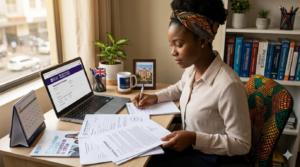 Young African woman studying STEM with laptop, representing fully funded British Council Women in STEM Scholarship opportunity in the UK