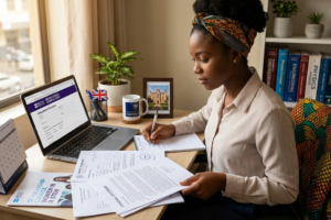 Young African woman studying STEM with laptop, representing fully funded British Council Women in STEM Scholarship opportunity in the UK