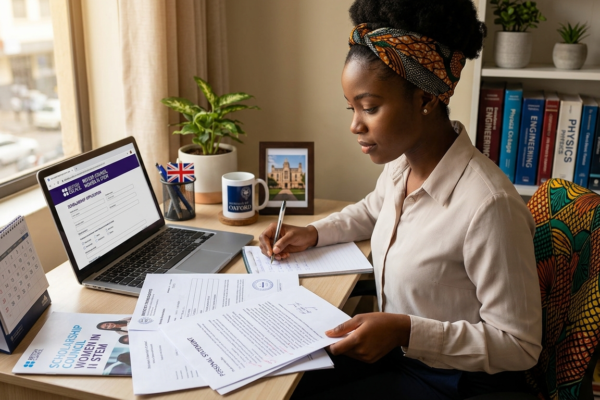 Young African woman studying STEM with laptop, representing fully funded British Council Women in STEM Scholarship opportunity in the UK