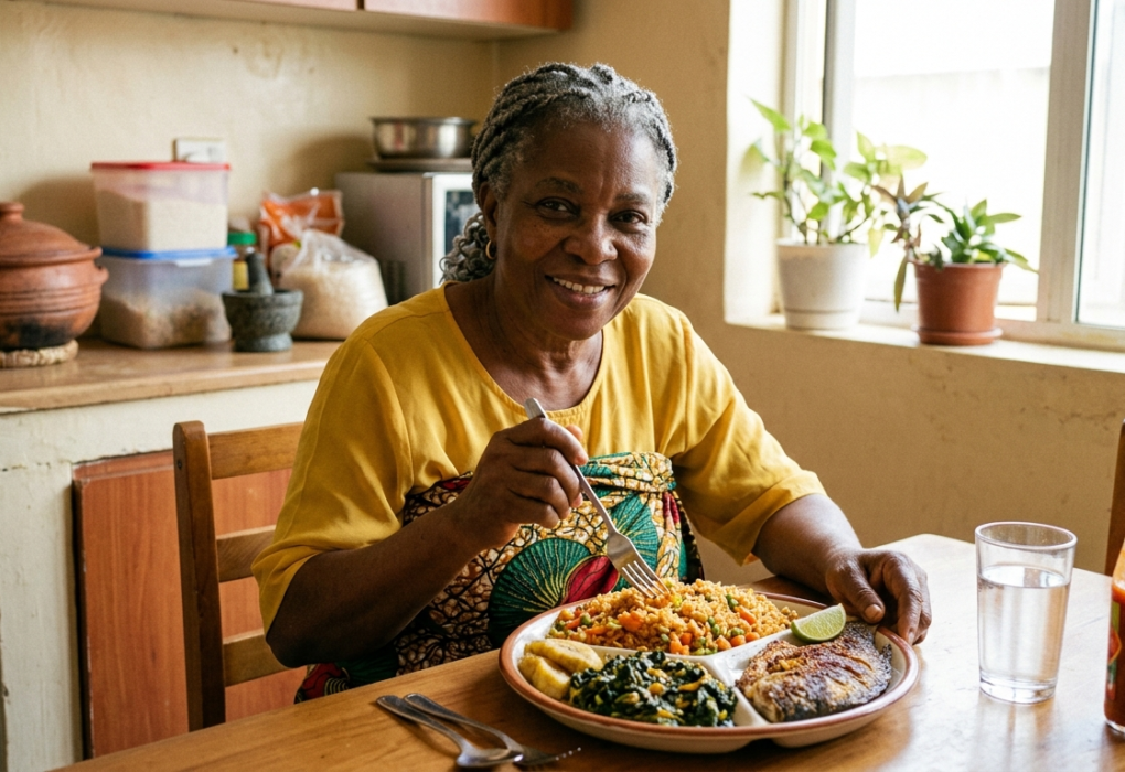 Healthy aging nutrition concept showing balanced meals with fruits, vegetables, fish, and whole grains for older adults
