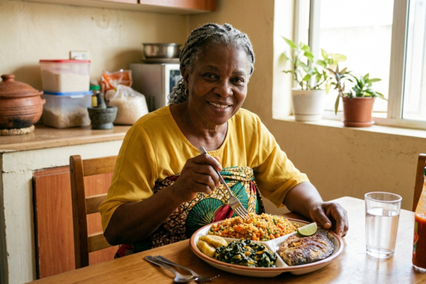 Healthy aging nutrition concept showing balanced meals with fruits, vegetables, fish, and whole grains for older adults