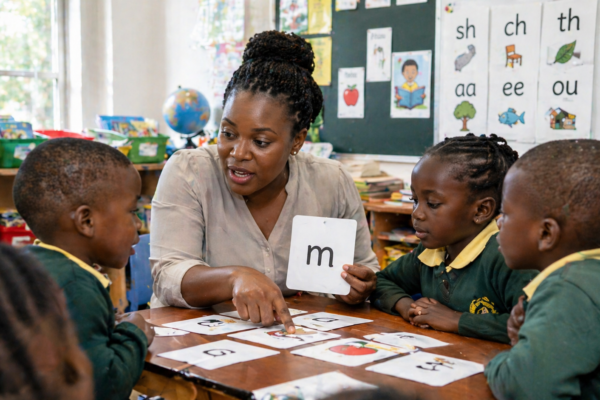 Teacher guiding young students through phonics reading lesson in a modern classroom using evidence-based literacy instruction methods
