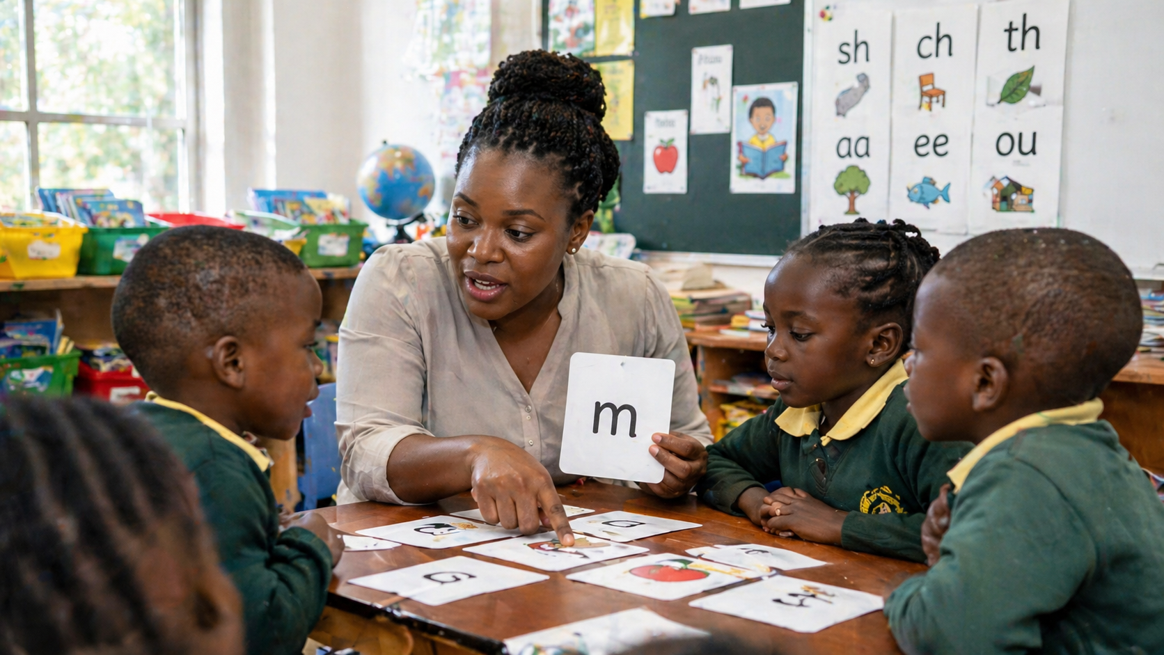 Teacher guiding young students through phonics reading lesson in a modern classroom using evidence-based literacy instruction methods