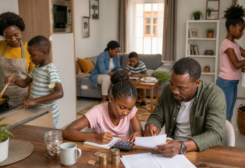 Parent teaching children important life skills at different ages, including cooking, cleaning, budgeting, communication, and homework routines at home.